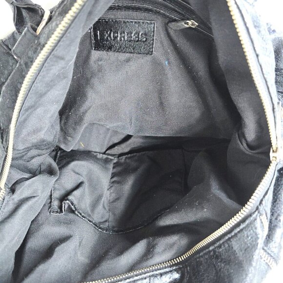 Express Black Cracked Leather Hobo Bag Shoulder Purse Shiny Large Satchel - Picture 5 of 12